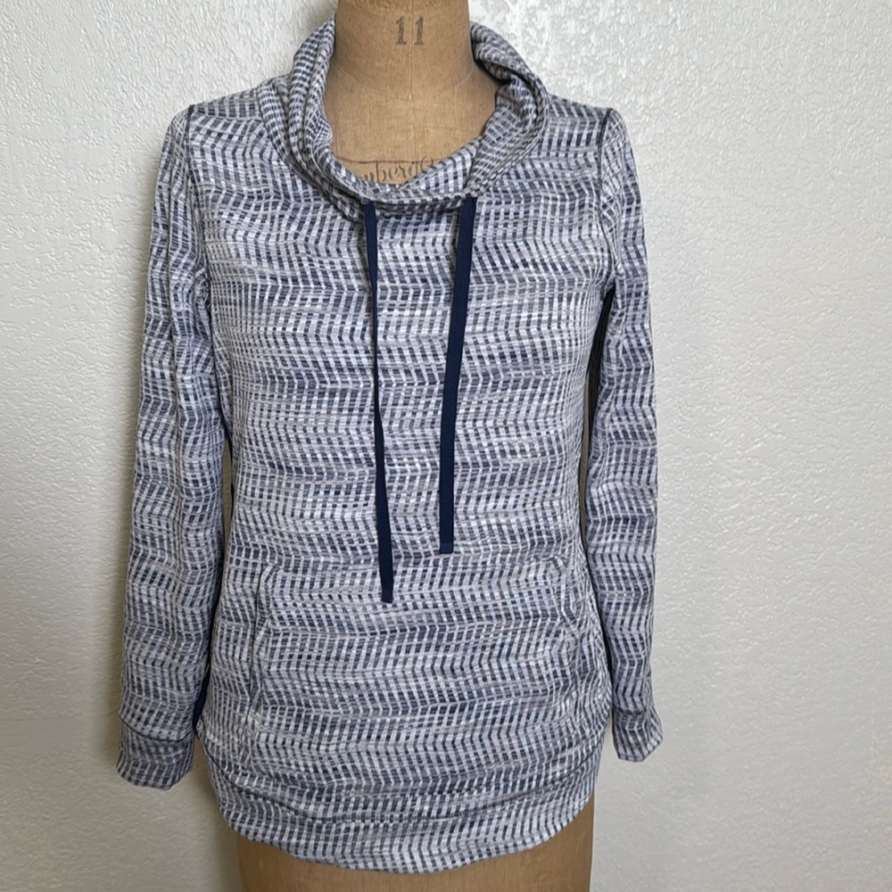 T by Talbots Women's XS‎ Cowl Neck Top Blue & White Kangaroo Pockets NWT